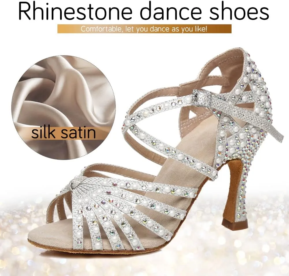 JUODVMP Women Rhinestone Ballroom Dance Shoes Latin Satin Salsa Performance Dance Shoes Model YCL429