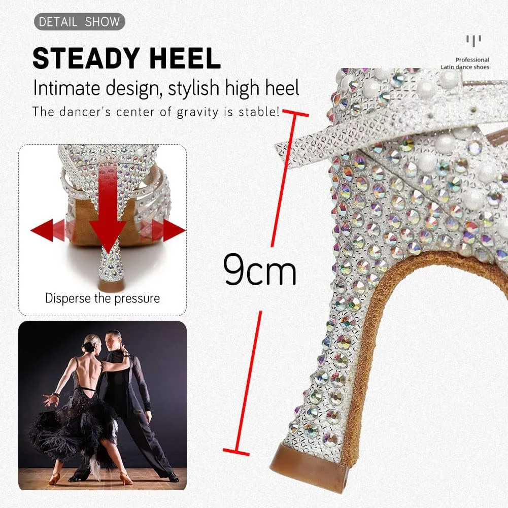 JUODVMP Women Rhinestone Ballroom Dance Shoes Latin Satin Salsa Performance Dance Shoes Model YCL429