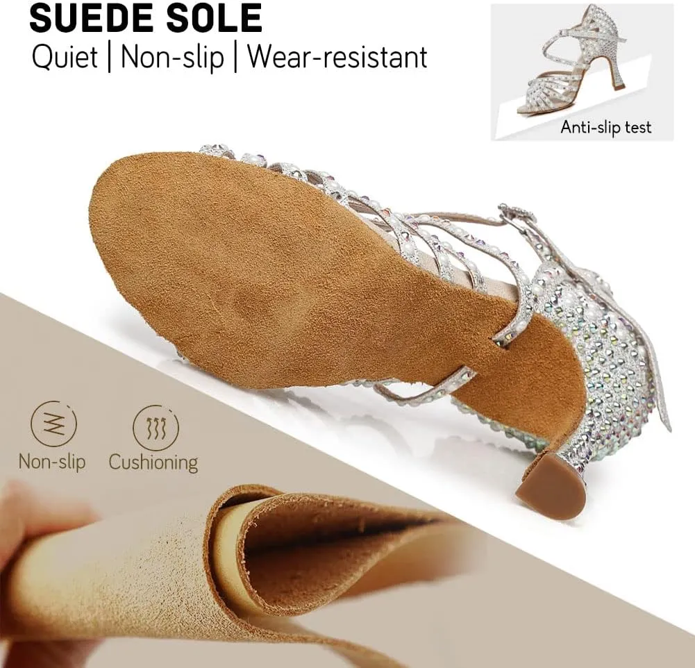 JUODVMP Women Rhinestone Ballroom Dance Shoes Latin Satin Salsa Performance Dance Shoes Model YCL429