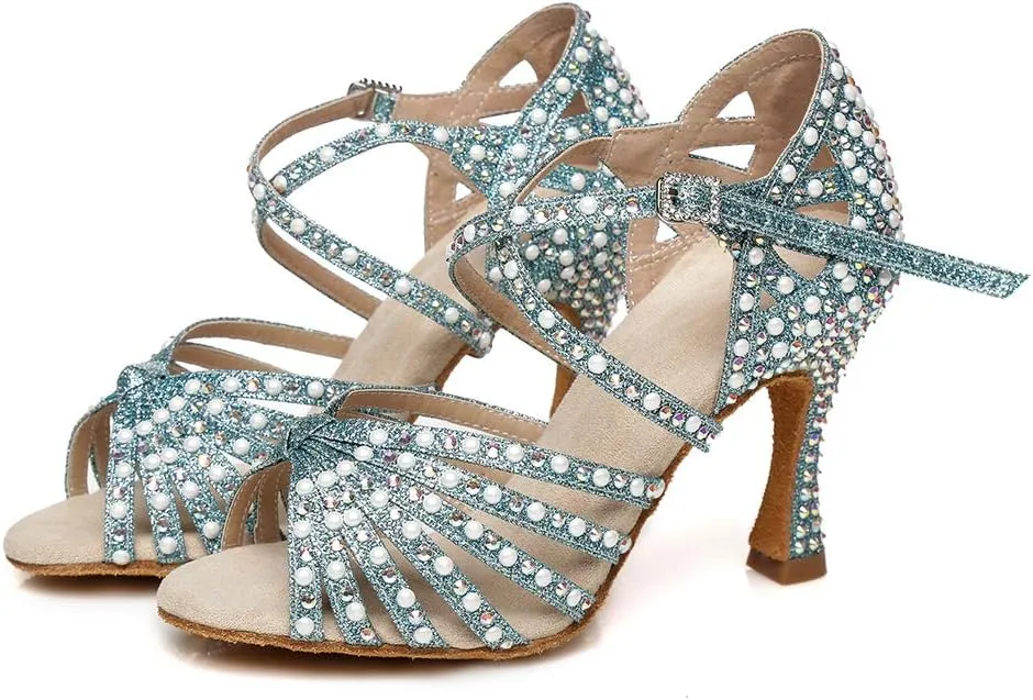 JUODVMP Women Rhinestone Ballroom Dance Shoes Latin Satin Salsa Performance Dance Shoes Model YCL429