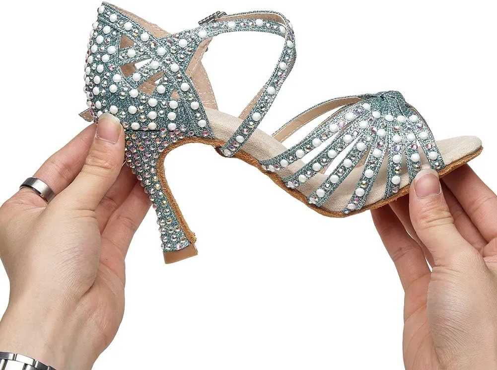 JUODVMP Women Rhinestone Ballroom Dance Shoes Latin Satin Salsa Performance Dance Shoes Model YCL429