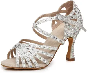 JUODVMP Women Rhinestone Ballroom Dance Shoes Latin Satin Salsa Performance Dance Shoes Model YCL429
