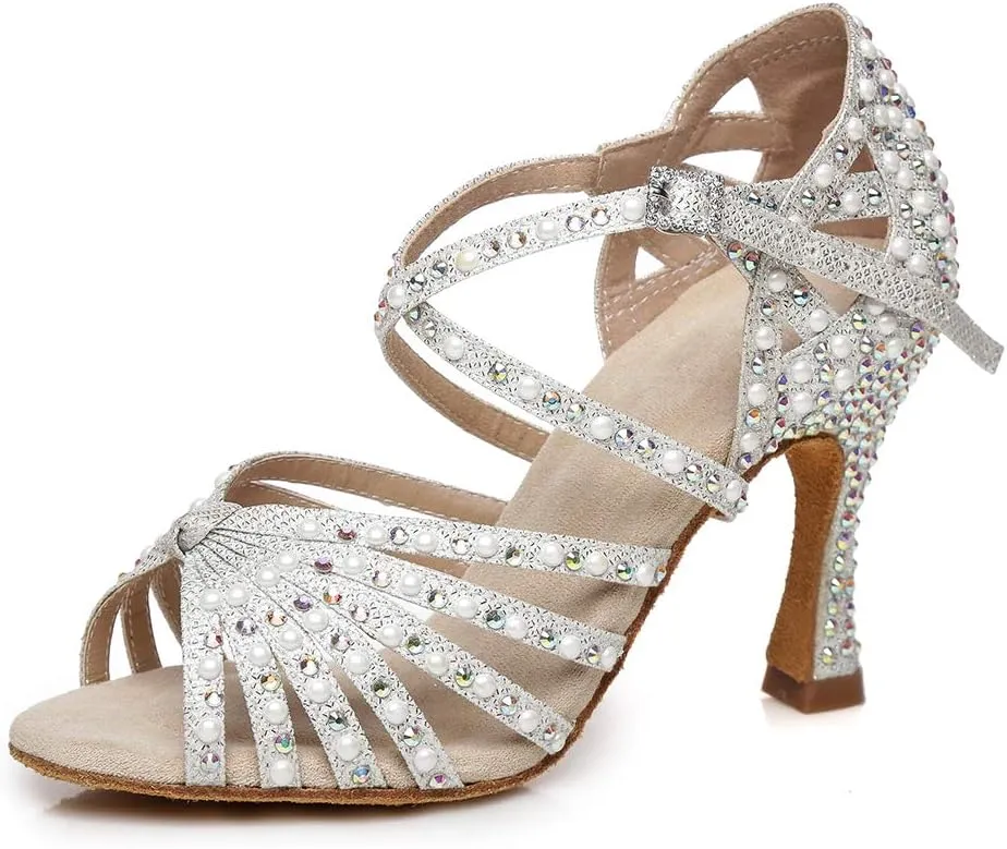 JUODVMP Women Rhinestone Ballroom Dance Shoes Latin Satin Salsa Performance Dance Shoes Model YCL429