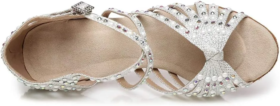 JUODVMP Women Rhinestone Ballroom Dance Shoes Latin Satin Salsa Performance Dance Shoes Model YCL429