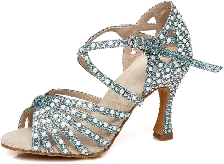 JUODVMP Women Rhinestone Ballroom Dance Shoes Latin Satin Salsa Performance Dance Shoes Model YCL429