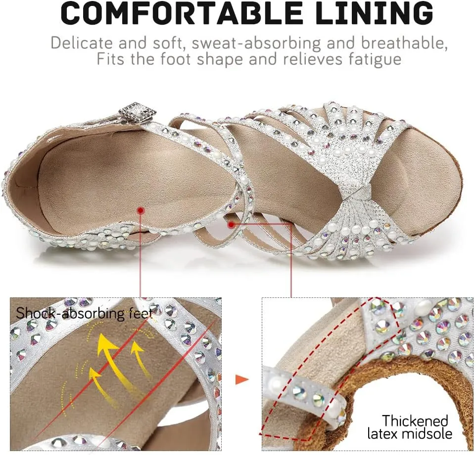JUODVMP Women Rhinestone Ballroom Dance Shoes Latin Satin Salsa Performance Dance Shoes Model YCL429