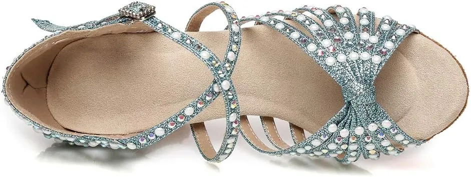 JUODVMP Women Rhinestone Ballroom Dance Shoes Latin Satin Salsa Performance Dance Shoes Model YCL429