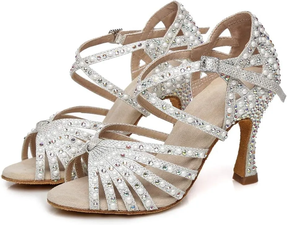 JUODVMP Women Rhinestone Ballroom Dance Shoes Latin Satin Salsa Performance Dance Shoes Model YCL429