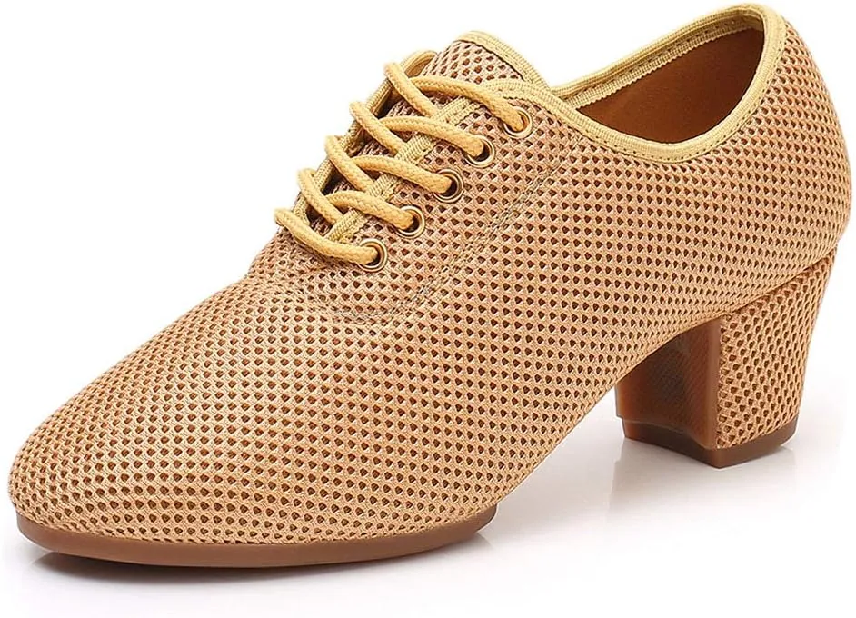 JUODVMP Women's Ballroom Practicing Dance Shoes Mesh Closed-Toe Lace-up 2 inch Heel Dance Heels