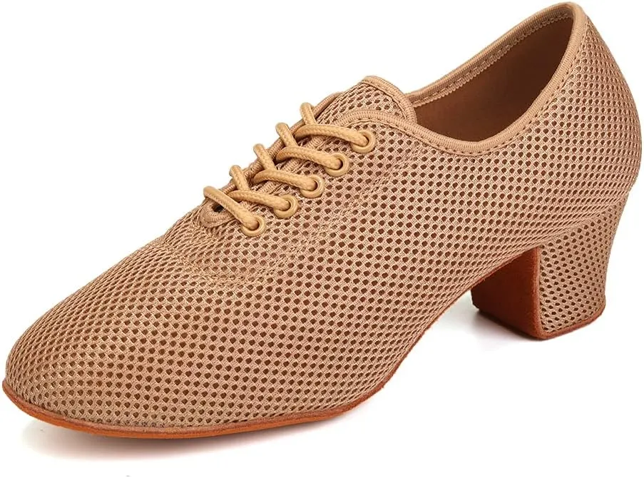 JUODVMP Women's Ballroom Practicing Dance Shoes Mesh Closed-Toe Lace-up 2 inch Heel Dance Heels
