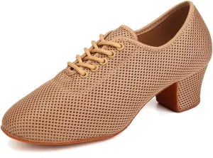 JUODVMP Women's Ballroom Practicing Dance Shoes Mesh Closed-Toe Lace-up 2 inch Heel Dance Heels