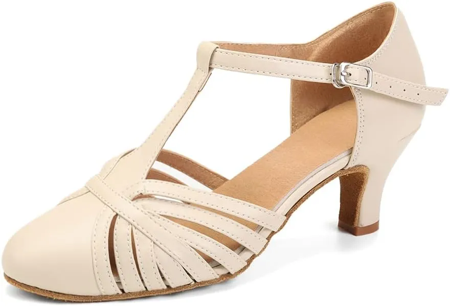 JUODVMP Women's Split Flex Ballroom Dance Shoes T-Strap Dance Heels,YCL259