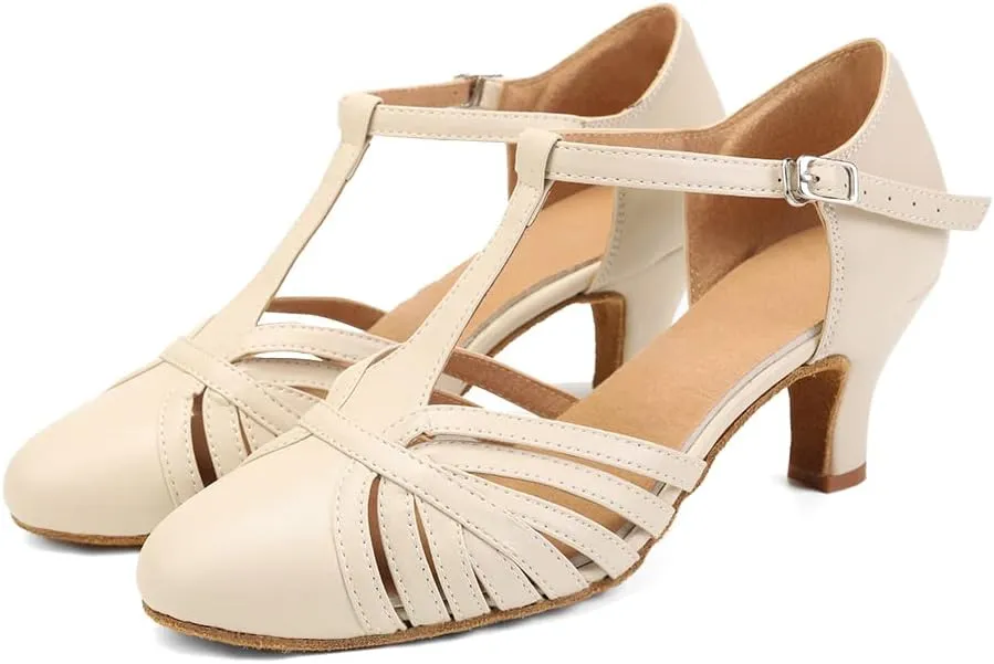 JUODVMP Women's Split Flex Ballroom Dance Shoes T-Strap Dance Heels,YCL259