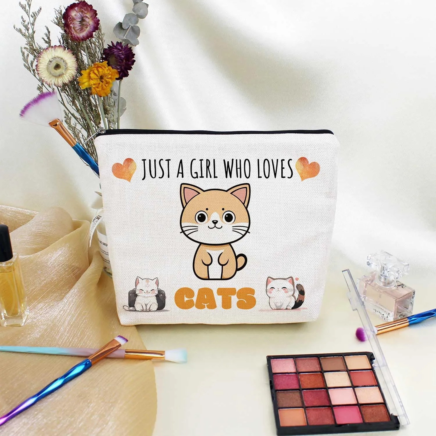Just Love Cats Makeup Bag Cartoon Ginger Cat Pattern Toiletry Canvas Organizer Zipper Pouch Lovely Cartoon Cat Kitten Cosmetic Bag Present for Cat Lovers Cat Mom Women