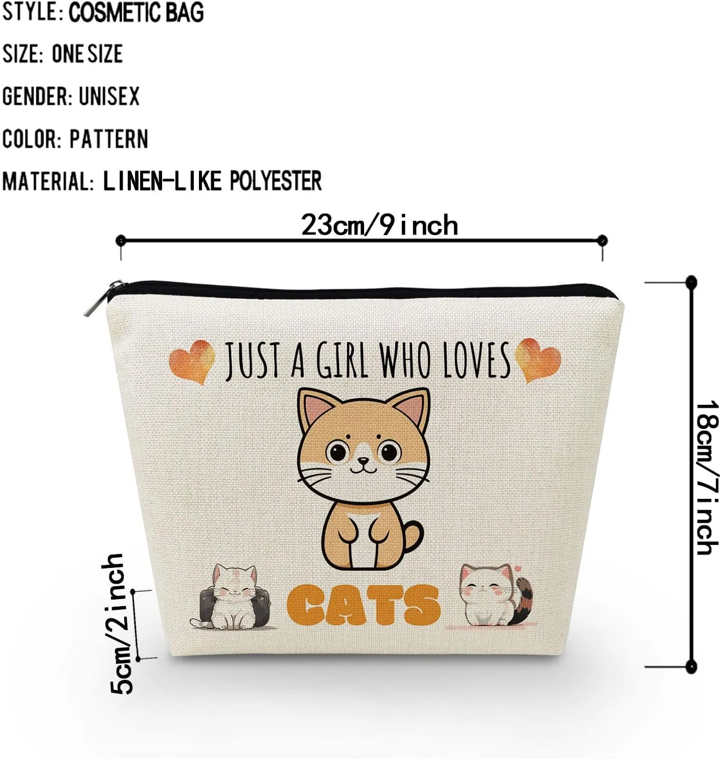 Just Love Cats Makeup Bag Cartoon Ginger Cat Pattern Toiletry Canvas Organizer Zipper Pouch Lovely Cartoon Cat Kitten Cosmetic Bag Present for Cat Lovers Cat Mom Women