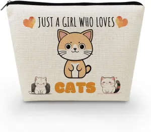 Just Love Cats Makeup Bag Cartoon Ginger Cat Pattern Toiletry Canvas Organizer Zipper Pouch Lovely Cartoon Cat Kitten Cosmetic Bag Present for Cat Lovers Cat Mom Women