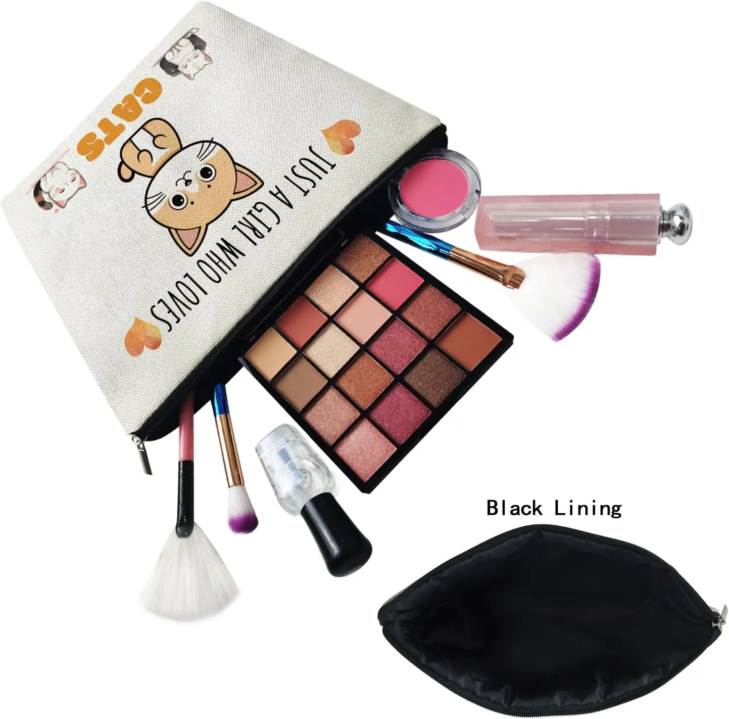 Just Love Cats Makeup Bag Cartoon Ginger Cat Pattern Toiletry Canvas Organizer Zipper Pouch Lovely Cartoon Cat Kitten Cosmetic Bag Present for Cat Lovers Cat Mom Women