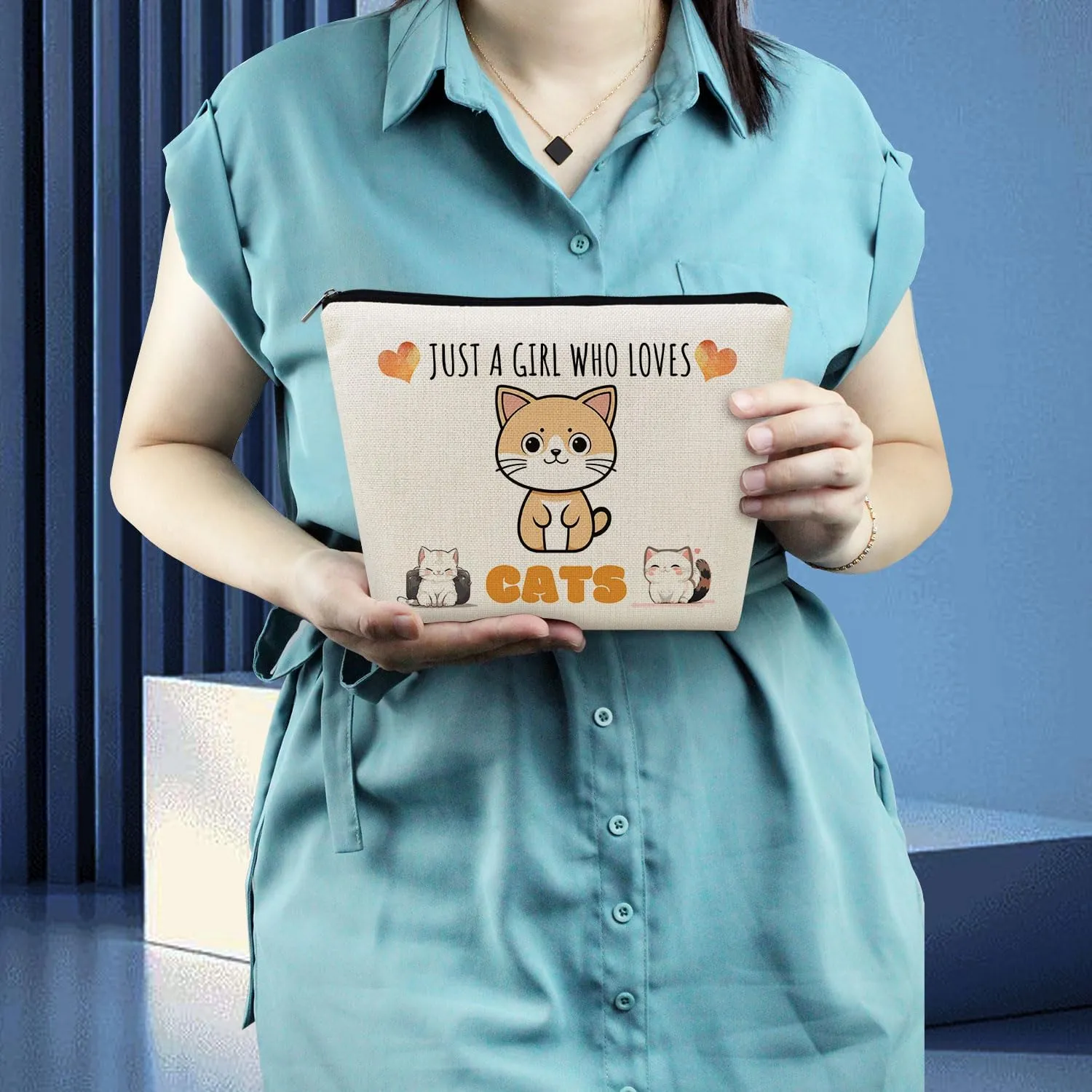 Just Love Cats Makeup Bag Cartoon Ginger Cat Pattern Toiletry Canvas Organizer Zipper Pouch Lovely Cartoon Cat Kitten Cosmetic Bag Present for Cat Lovers Cat Mom Women
