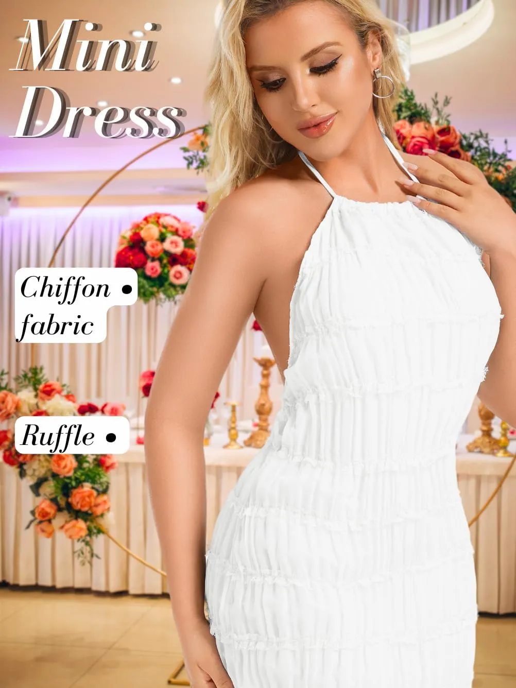 Kaei&Shi Summer Halter Chiffon Dresses,Backless Tiered Mini Dress,Women Ruched Lace Trim Beach Sundress