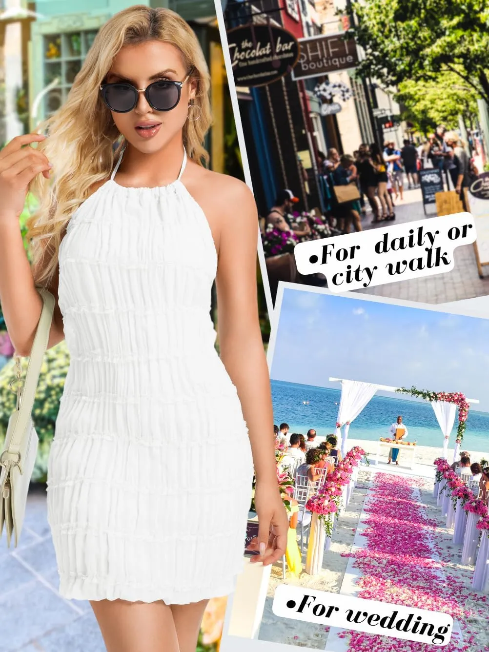 Kaei&Shi Summer Halter Chiffon Dresses,Backless Tiered Mini Dress,Women Ruched Lace Trim Beach Sundress