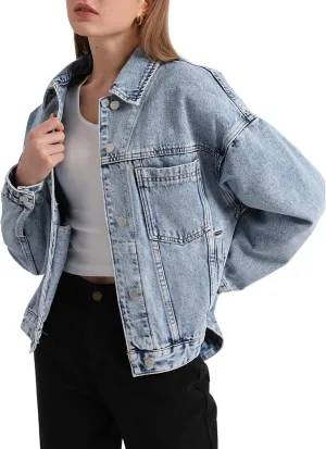 Kedera Women's Blue Jean Jacket Oversized Distressed Button Down Denim Jacket Vintage Long Sleeve Soft Boyfriend Coat