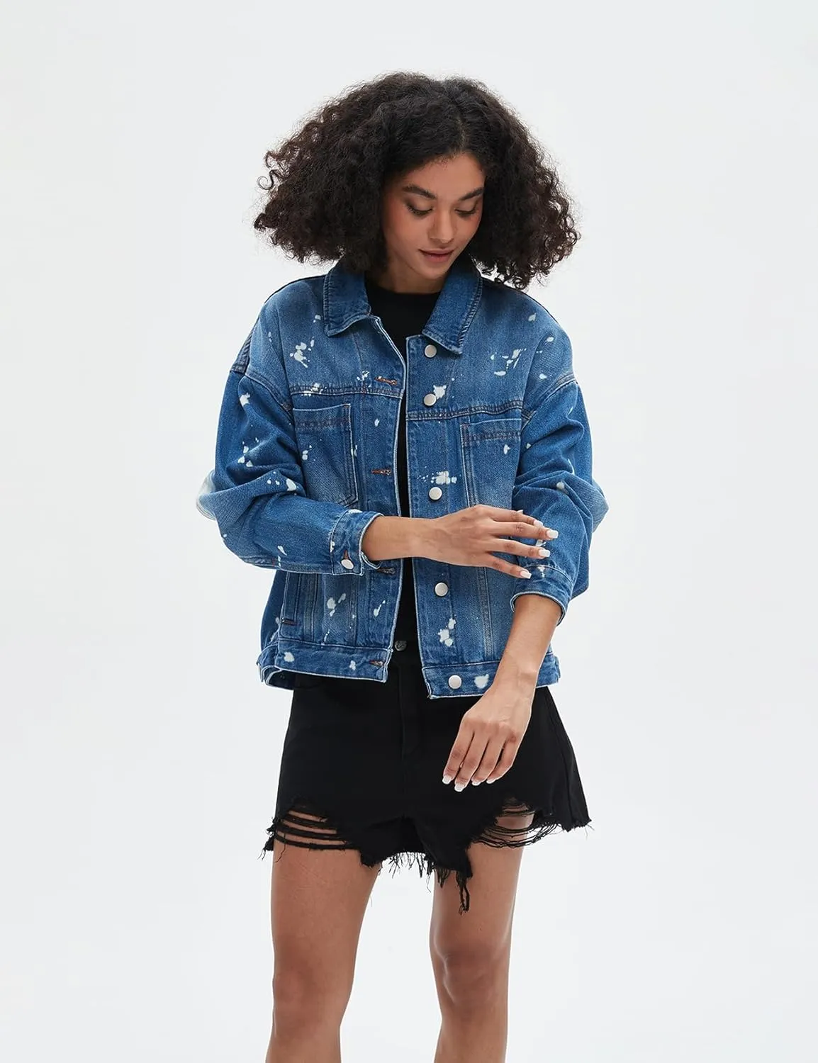 Kedera Women's Blue Jean Jacket Oversized Distressed Button Down Denim Jacket Vintage Long Sleeve Soft Boyfriend Coat