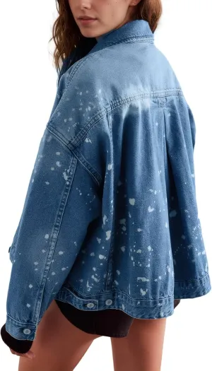 Kedera Women's Blue Jean Jacket Oversized Distressed Button Down Denim Jacket Vintage Long Sleeve Soft Boyfriend Coat
