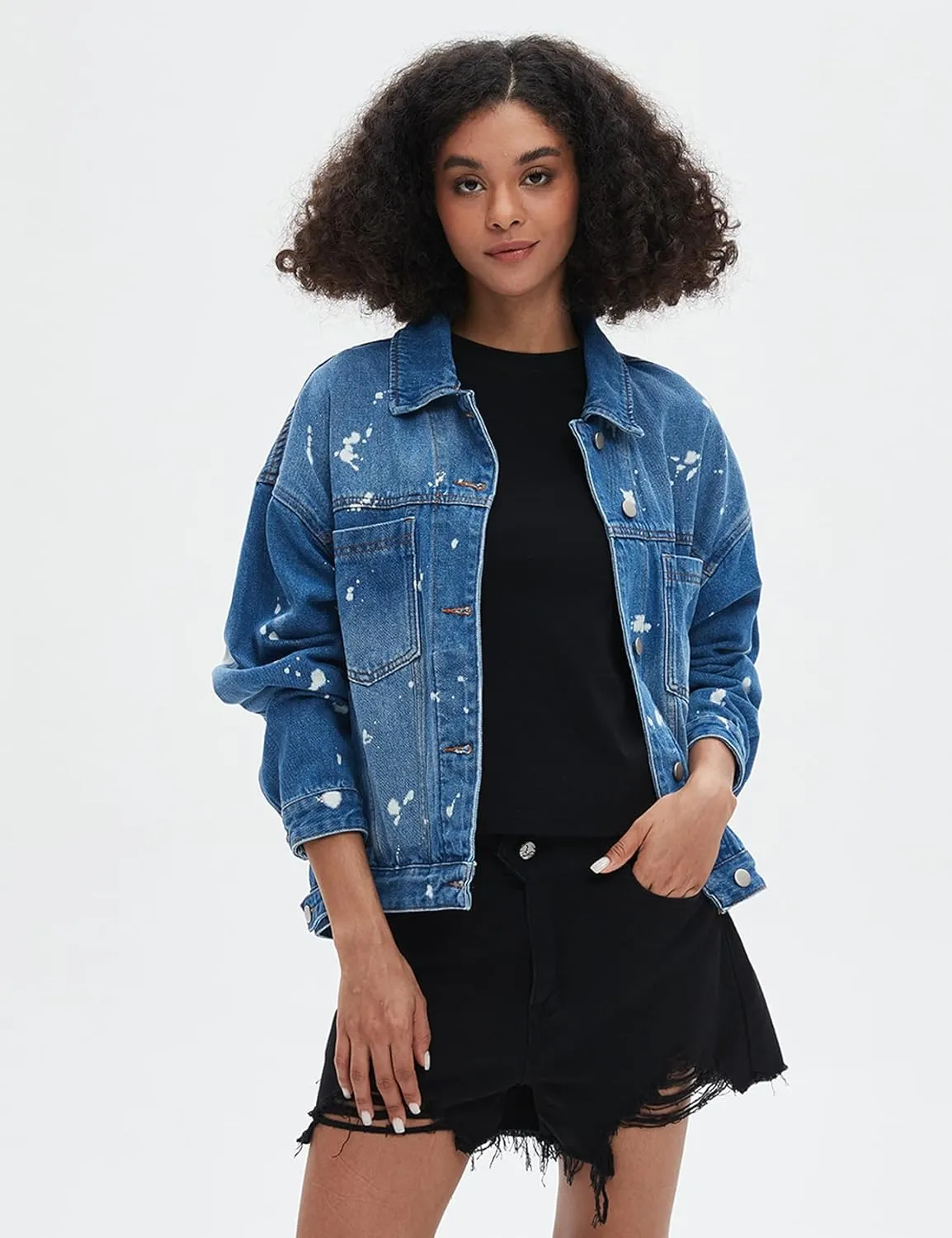 Kedera Women's Blue Jean Jacket Oversized Distressed Button Down Denim Jacket Vintage Long Sleeve Soft Boyfriend Coat