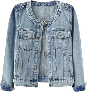 Kedera Women's Denim Jacket Button Down Collarless Long Sleeve Washed Cute Jean Jackets