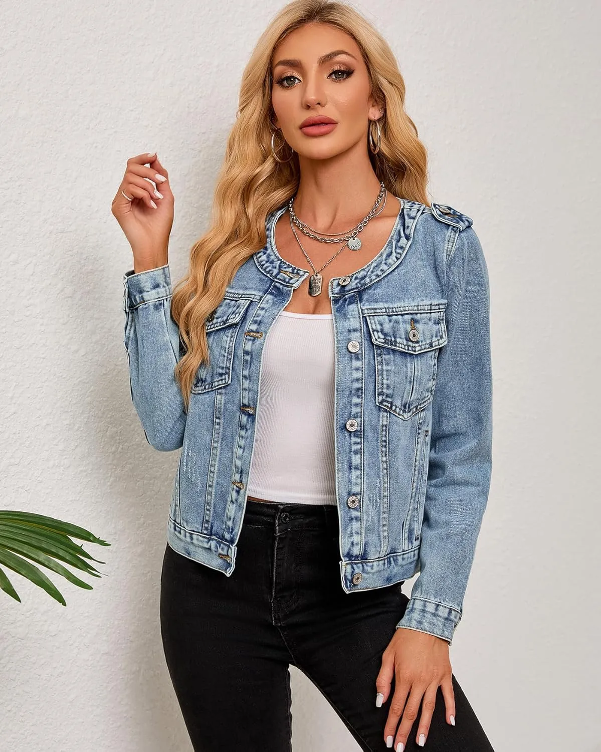 Kedera Women's Denim Jacket Button Down Collarless Long Sleeve Washed Cute Jean Jackets
