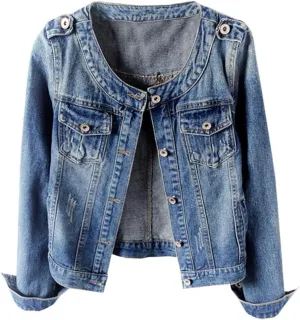 Kedera Women's Denim Jacket Button Down Collarless Long Sleeve Washed Cute Jean Jackets