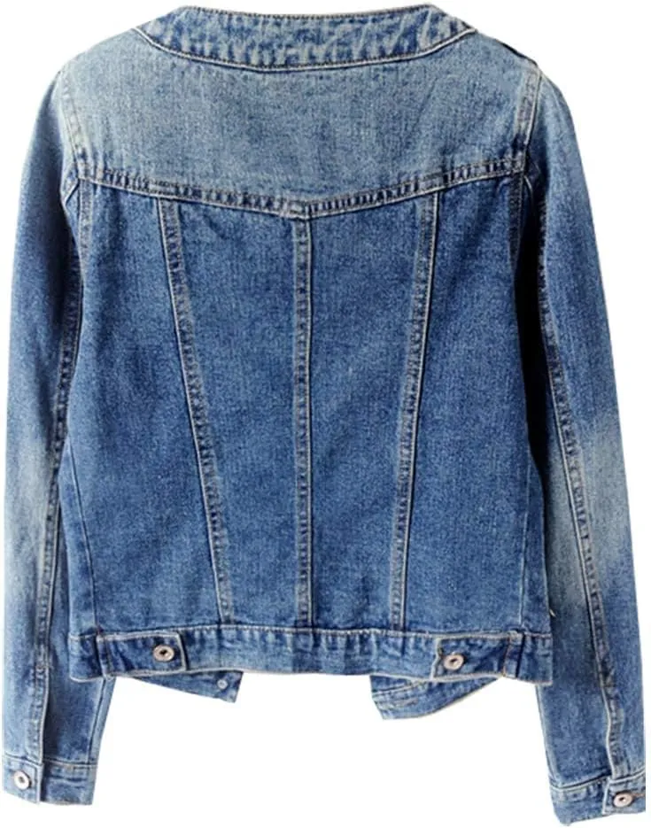 Kedera Women's Denim Jacket Button Down Collarless Long Sleeve Washed Cute Jean Jackets