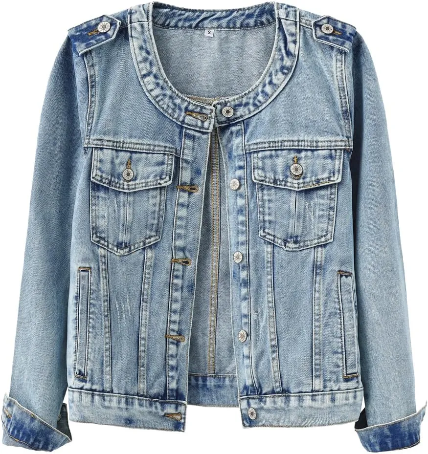 Kedera Women's Denim Jacket Button Down Collarless Long Sleeve Washed Cute Jean Jackets