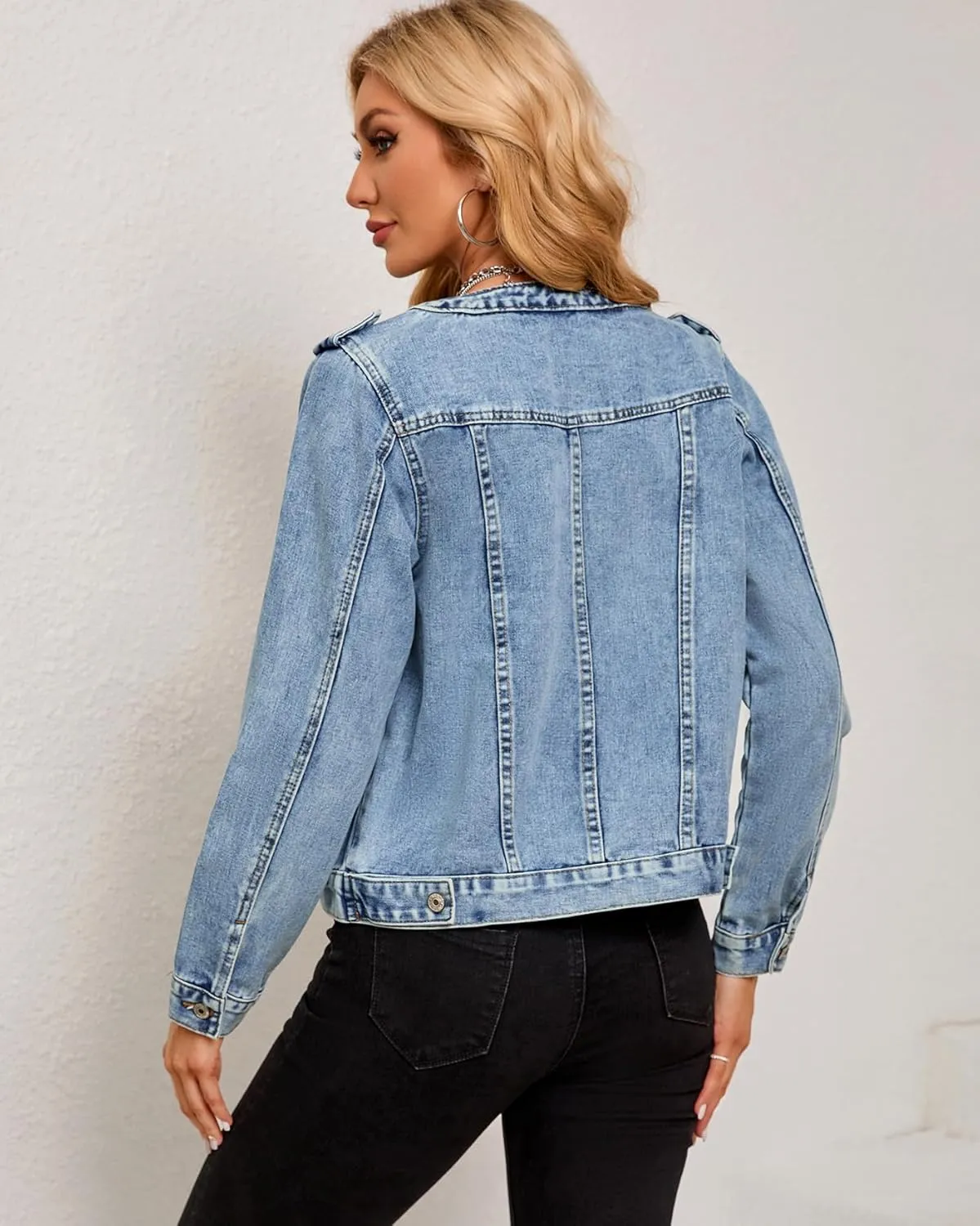 Kedera Women's Denim Jacket Button Down Collarless Long Sleeve Washed Cute Jean Jackets