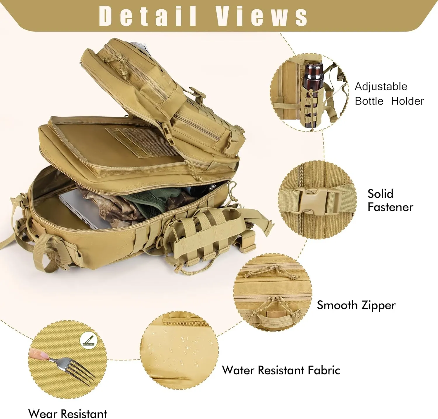 Khaki 45L Large Military Tactical Backpack for MenTravel Hiking Backpack with Bottle Holder, Laptop Backpack for Work, Men's Assault Bag Back Pack