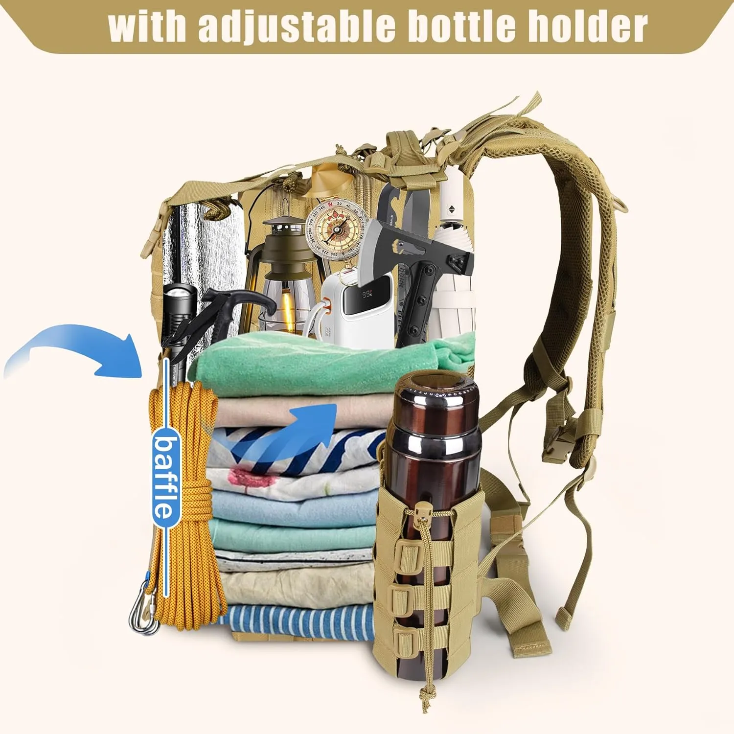 Khaki 45L Large Military Tactical Backpack for MenTravel Hiking Backpack with Bottle Holder, Laptop Backpack for Work, Men's Assault Bag Back Pack