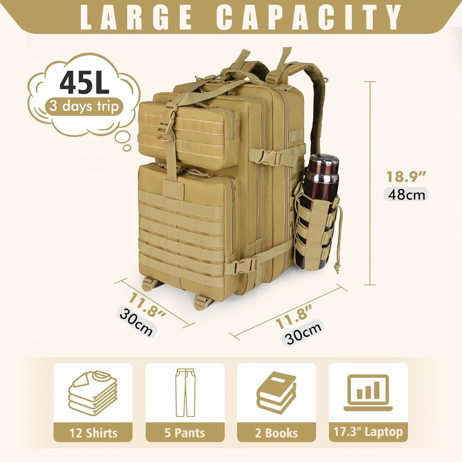 Khaki 45L Large Military Tactical Backpack for MenTravel Hiking Backpack with Bottle Holder, Laptop Backpack for Work, Men's Assault Bag Back Pack