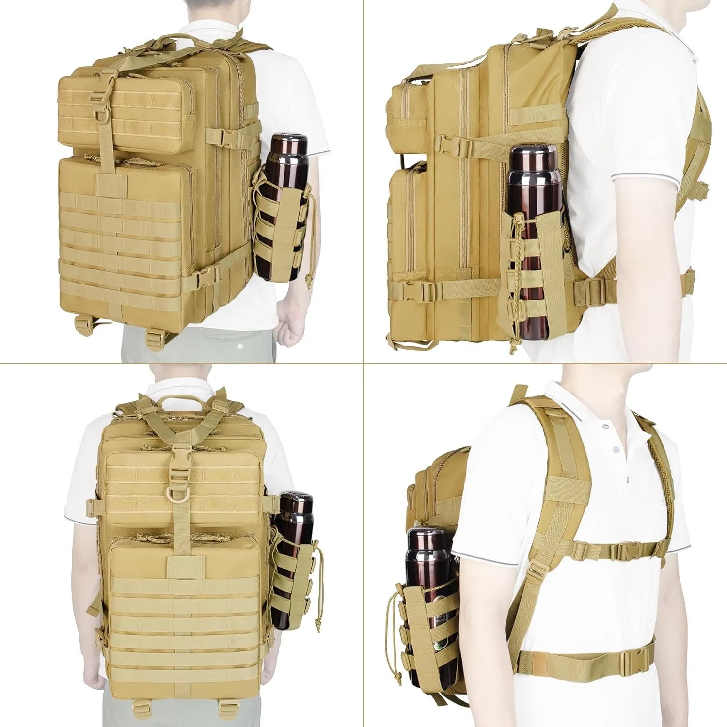 Khaki 45L Large Military Tactical Backpack for MenTravel Hiking Backpack with Bottle Holder, Laptop Backpack for Work, Men's Assault Bag Back Pack