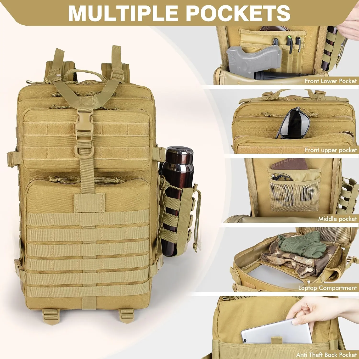 Khaki 45L Large Military Tactical Backpack for MenTravel Hiking Backpack with Bottle Holder, Laptop Backpack for Work, Men's Assault Bag Back Pack