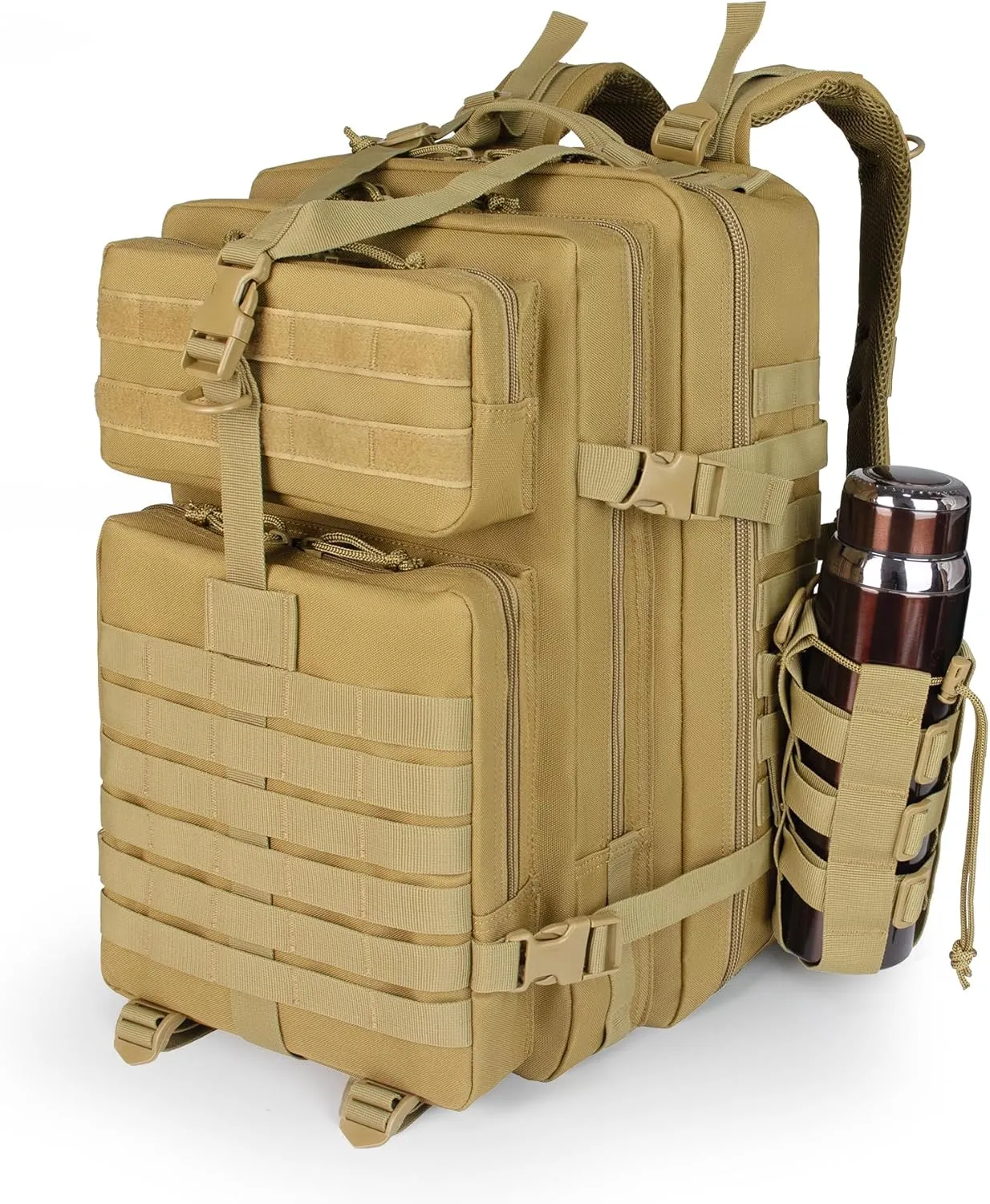Khaki 45L Large Military Tactical Backpack for MenTravel Hiking Backpack with Bottle Holder, Laptop Backpack for Work, Men's Assault Bag Back Pack