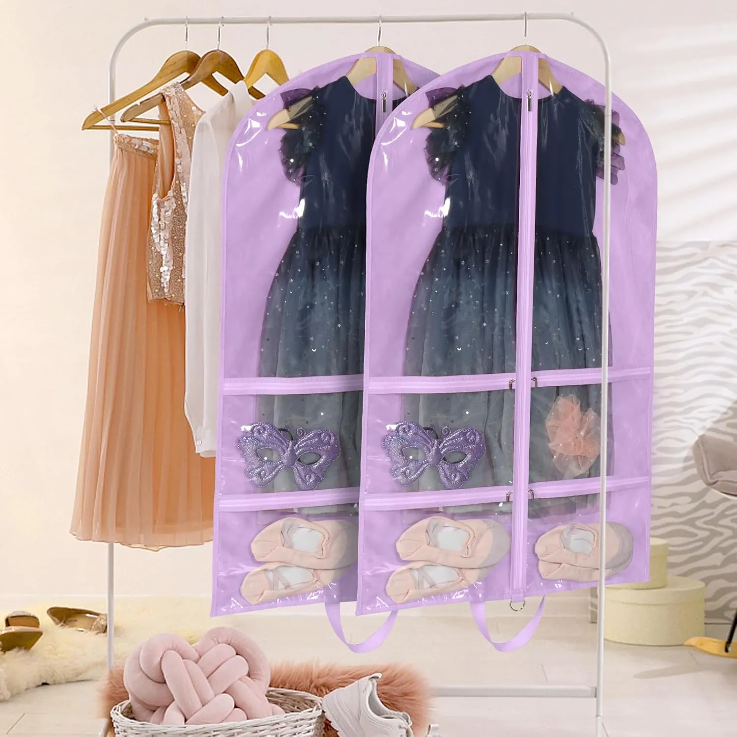Kids Garment Bags for Dance Costumes, 40" Dance Garment Bags for Dancers with 4 Clear Zipper Pockets, Foldable Dance Competition Garment Bags for Hanging Clothes, 3 Pack, Purple
