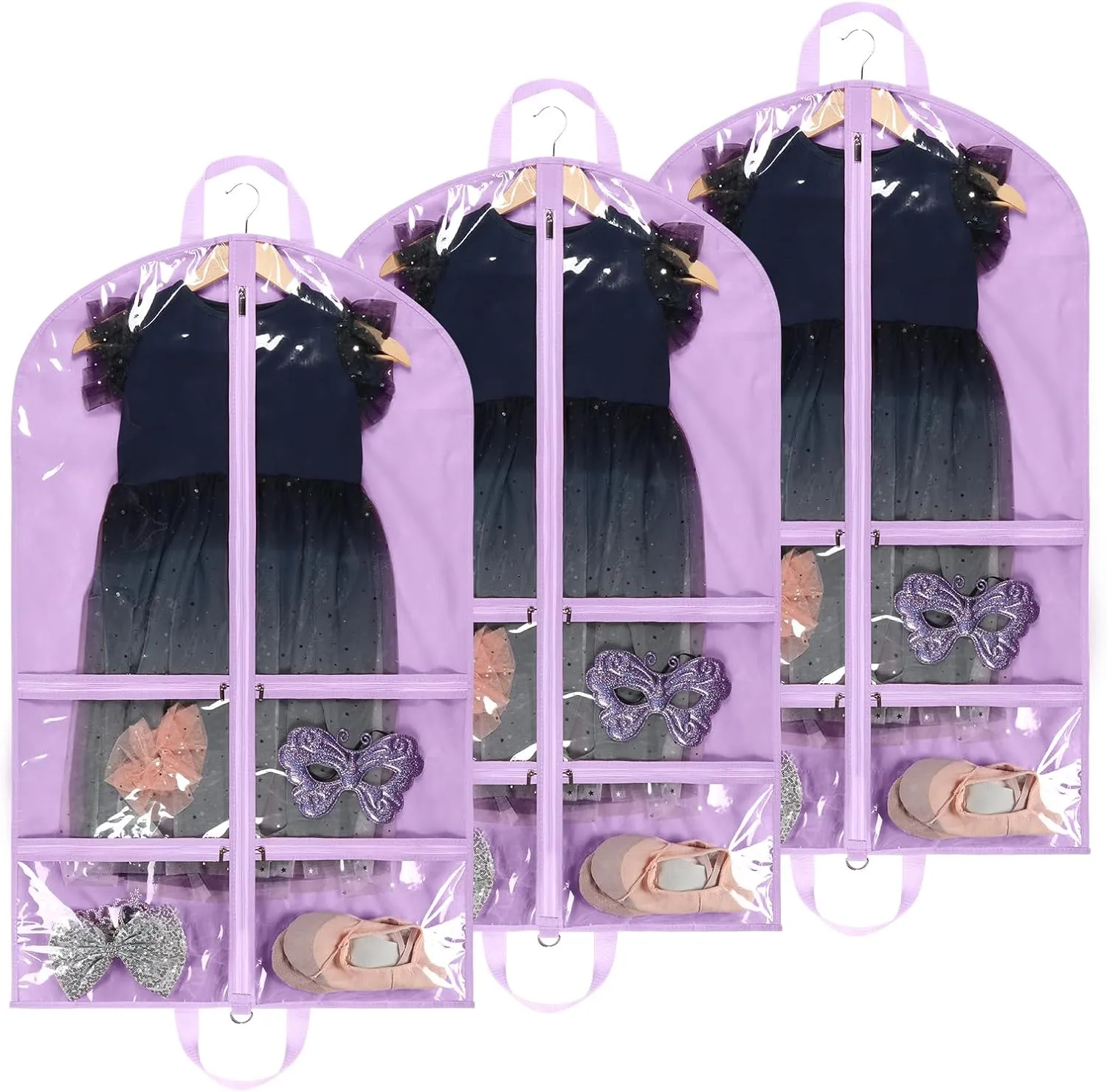 Kids Garment Bags for Dance Costumes, 40" Dance Garment Bags for Dancers with 4 Clear Zipper Pockets, Foldable Dance Competition Garment Bags for Hanging Clothes, 3 Pack, Purple