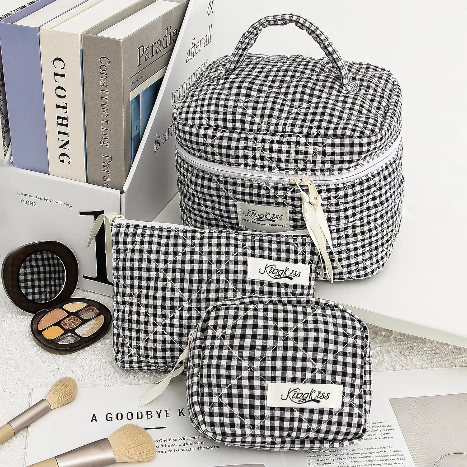 kingkiss 3PCS Cute Checkered Makeup Bag, Coquette Aesthetic Quilted Cotton Cosmetic Bag, Large Capacity Cosmetic Bag, Toiletry Travel Organizer Bag for Women Girls (Black)