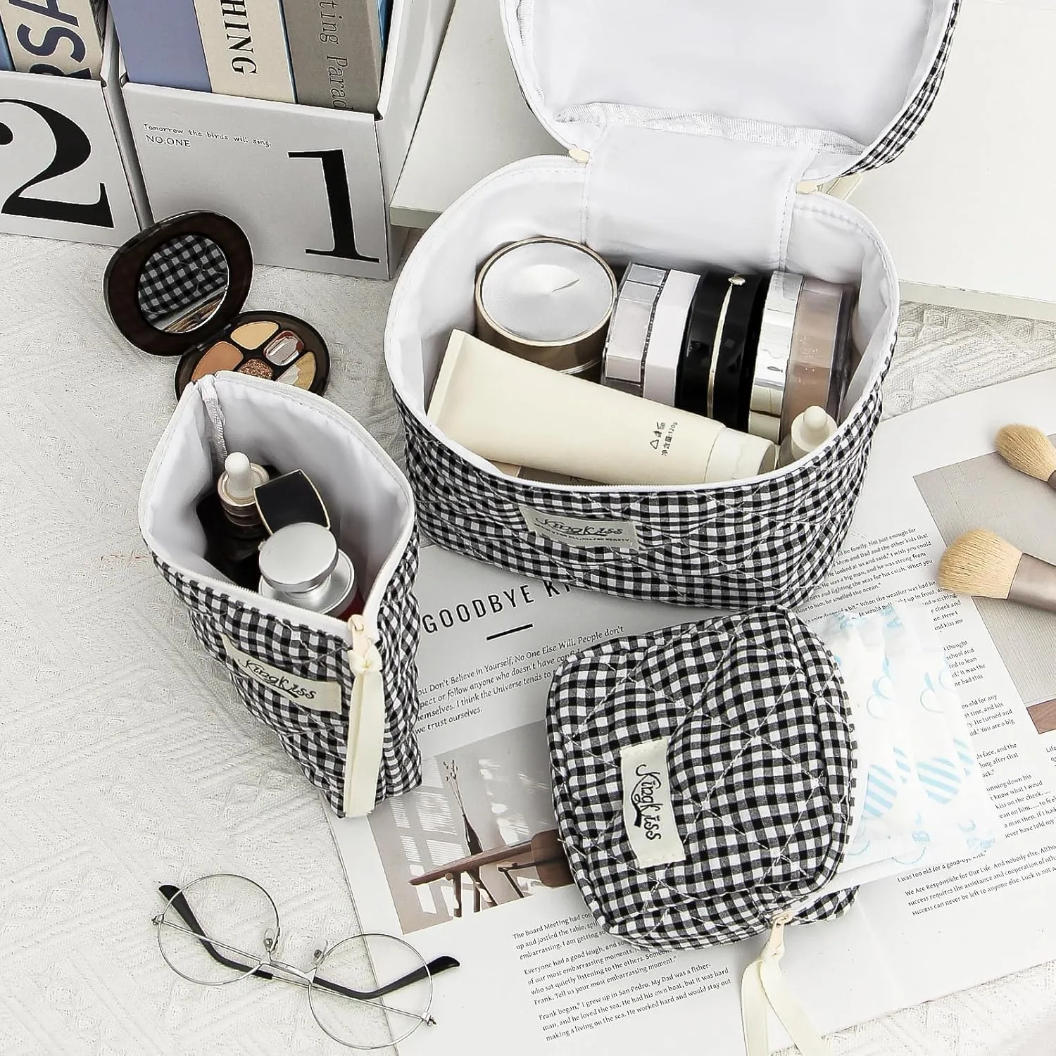 kingkiss 3PCS Cute Checkered Makeup Bag, Coquette Aesthetic Quilted Cotton Cosmetic Bag, Large Capacity Cosmetic Bag, Toiletry Travel Organizer Bag for Women Girls (Black)