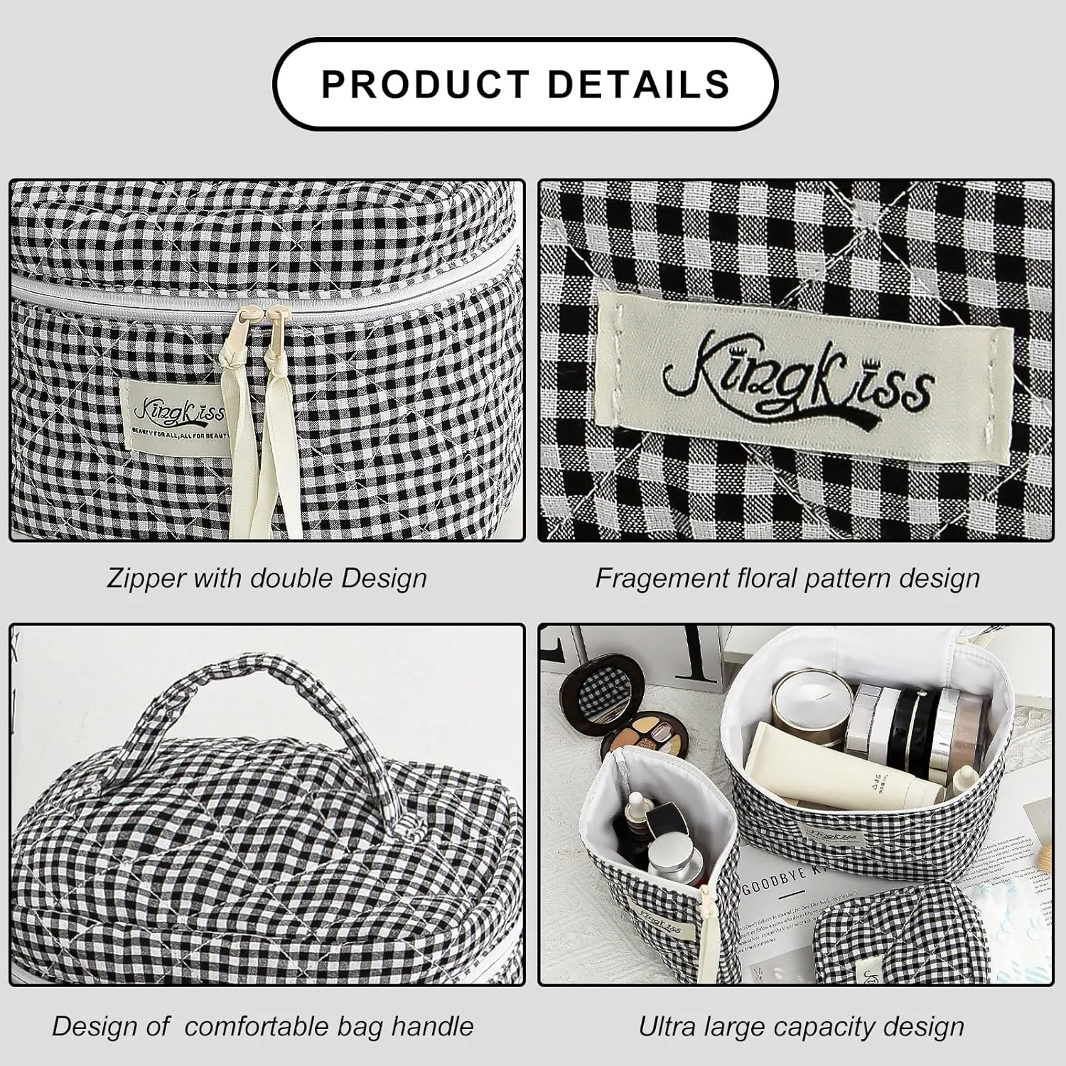 kingkiss 3PCS Cute Checkered Makeup Bag, Coquette Aesthetic Quilted Cotton Cosmetic Bag, Large Capacity Cosmetic Bag, Toiletry Travel Organizer Bag for Women Girls (Black)