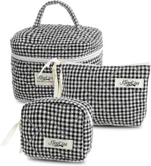kingkiss 3PCS Cute Checkered Makeup Bag, Coquette Aesthetic Quilted Cotton Cosmetic Bag, Large Capacity Cosmetic Bag, Toiletry Travel Organizer Bag for Women Girls (Black)