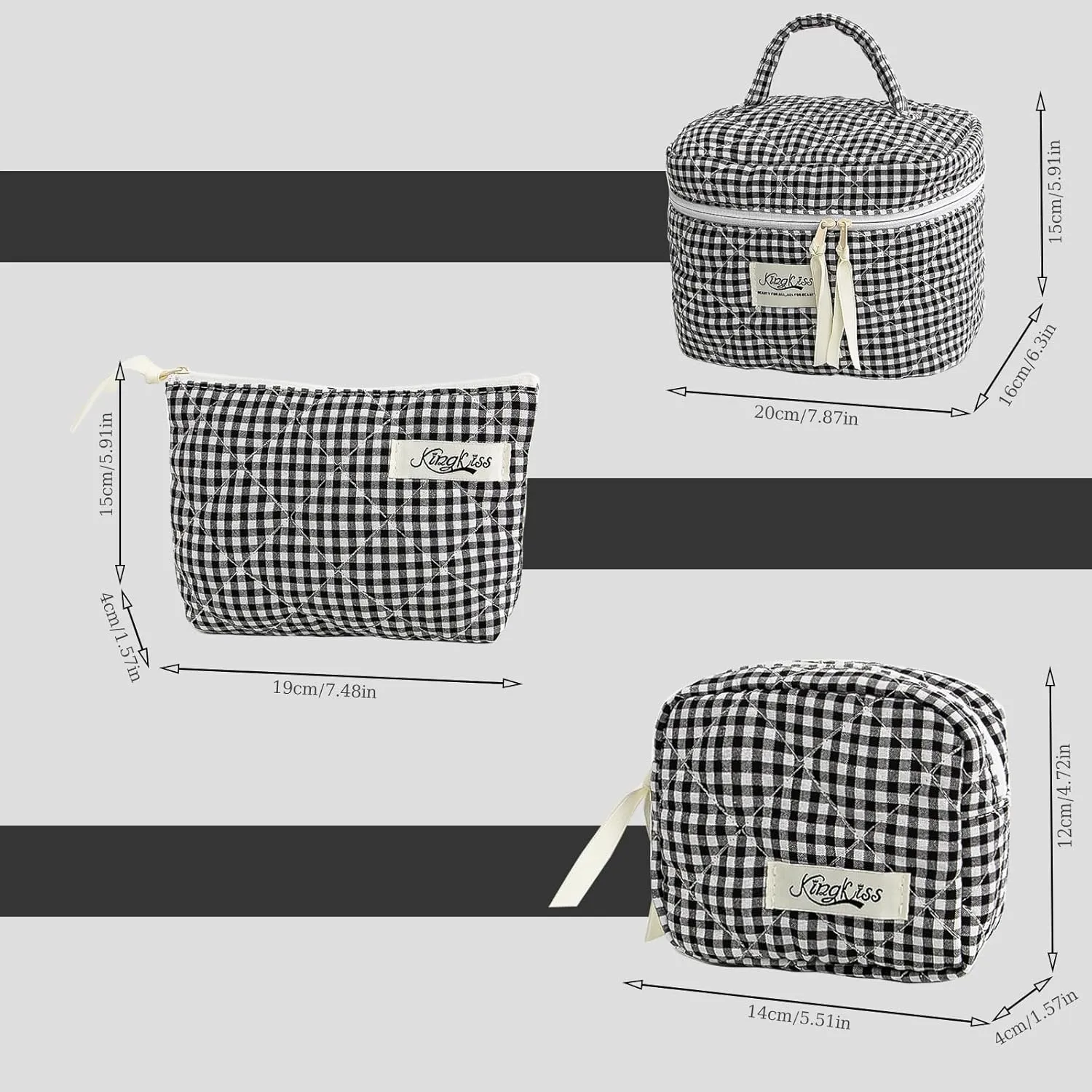 kingkiss 3PCS Cute Checkered Makeup Bag, Coquette Aesthetic Quilted Cotton Cosmetic Bag, Large Capacity Cosmetic Bag, Toiletry Travel Organizer Bag for Women Girls (Black)