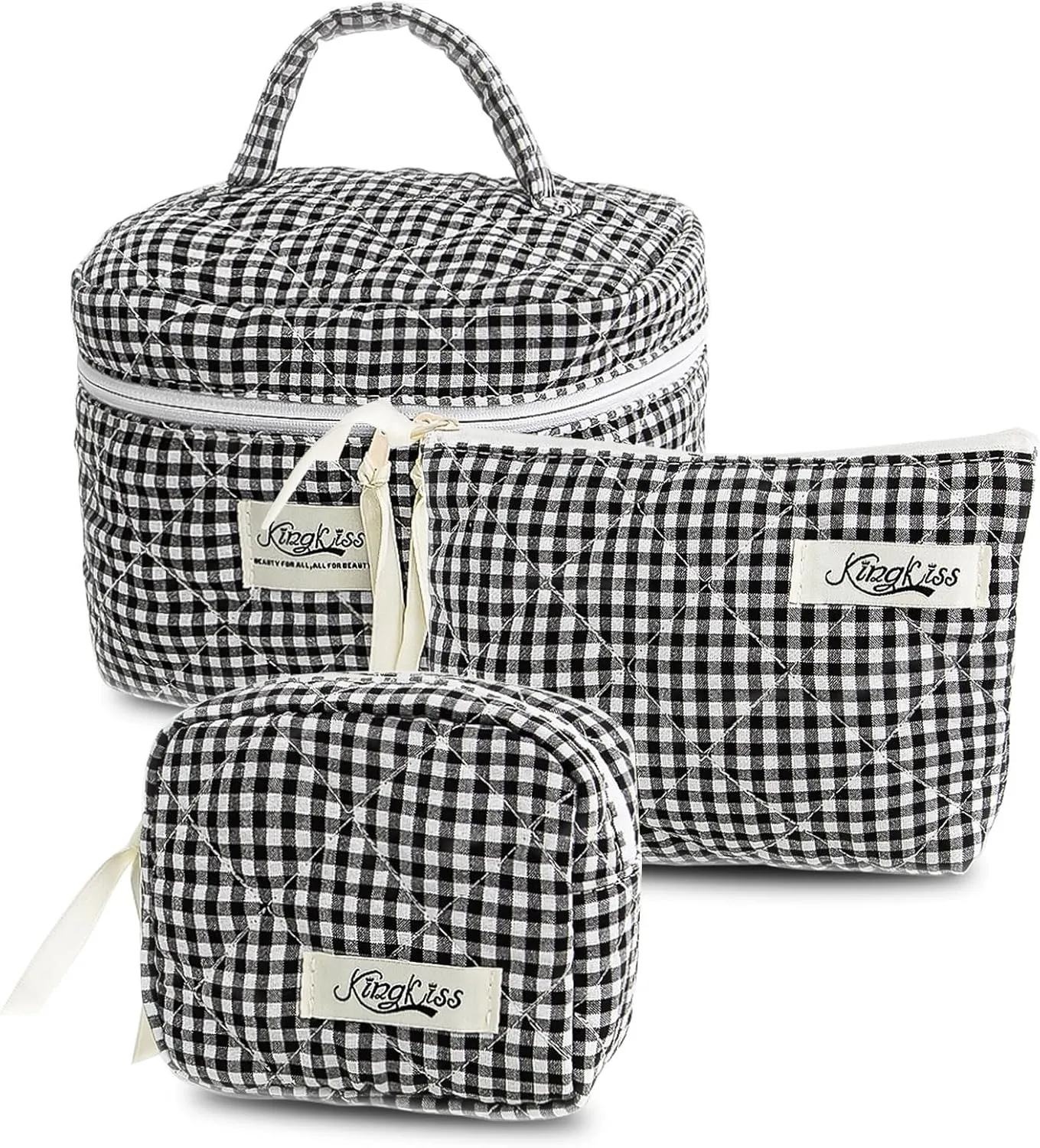 kingkiss 3PCS Cute Checkered Makeup Bag, Coquette Aesthetic Quilted Cotton Cosmetic Bag, Large Capacity Cosmetic Bag, Toiletry Travel Organizer Bag for Women Girls (Black)