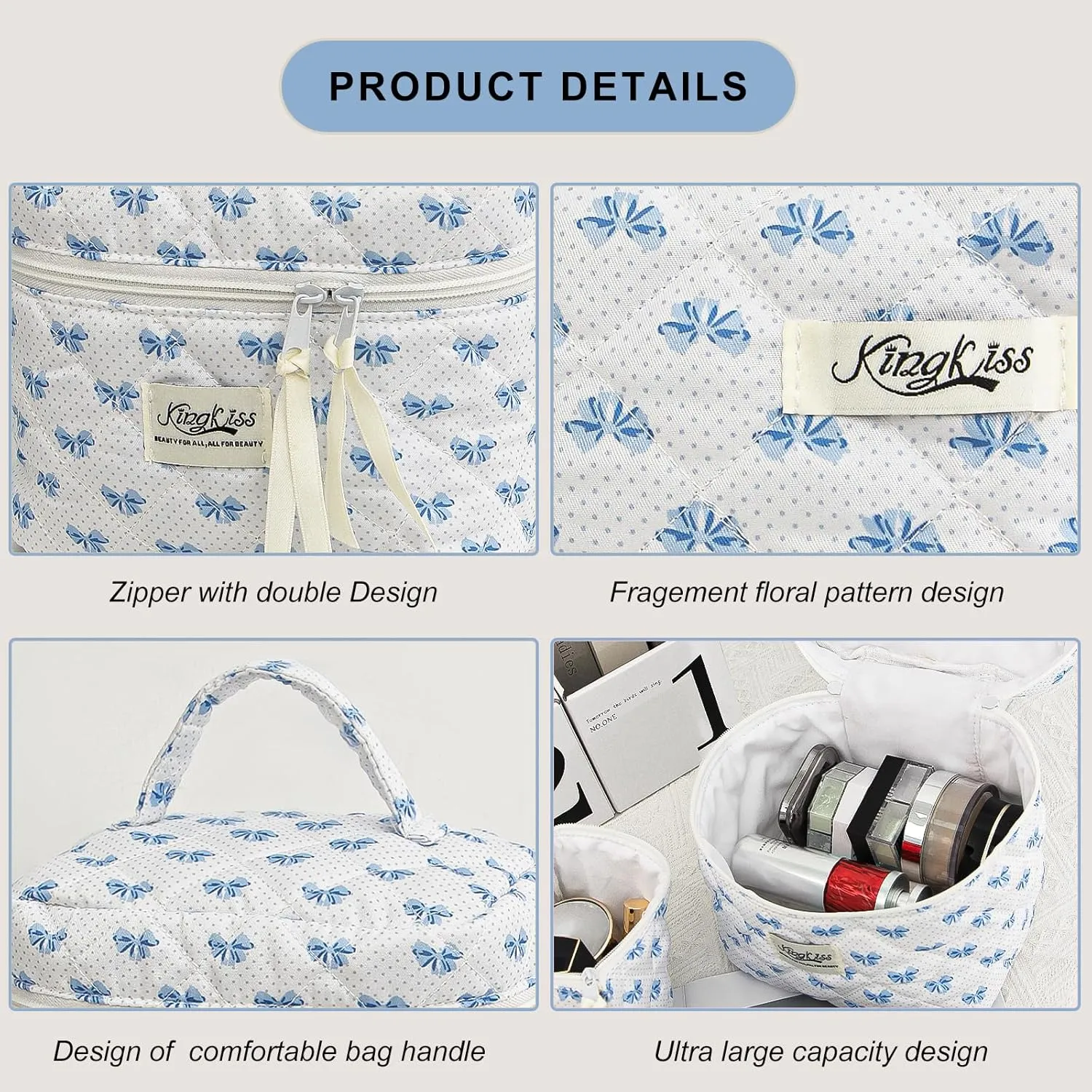 kingkiss 3PCS Cute Checkered Makeup Bag, Coquette Aesthetic Quilted Cotton Cosmetic Bag, Large Capacity Cosmetic Bag, Toiletry Travel Organizer Bag for Women Girls (Blue)