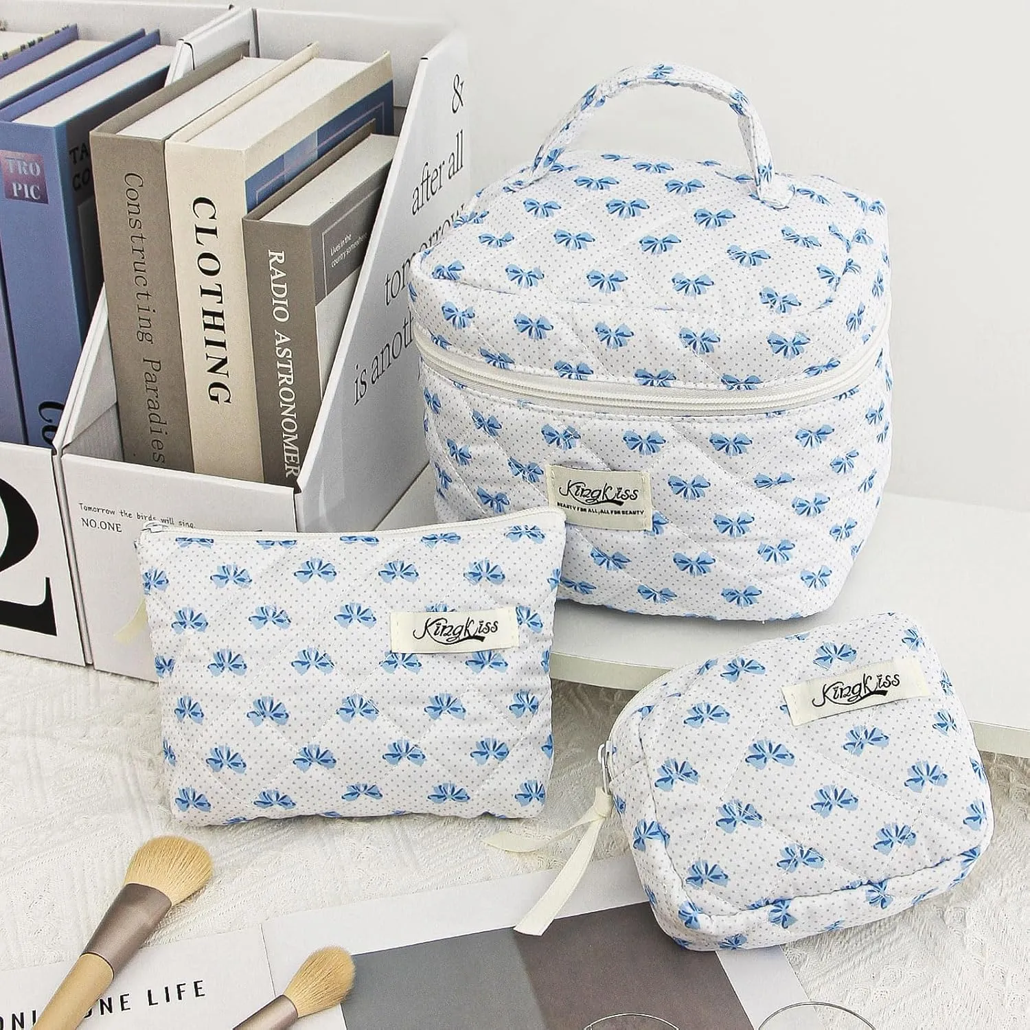 kingkiss 3PCS Cute Checkered Makeup Bag, Coquette Aesthetic Quilted Cotton Cosmetic Bag, Large Capacity Cosmetic Bag, Toiletry Travel Organizer Bag for Women Girls (Blue)
